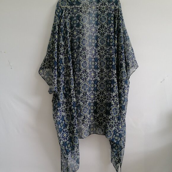 NWT Amanda Blue Womens Blue Open Front Tassel Hem Floral Cover Up One Size - Picture 4 of 8